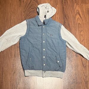 RVCA Boys Blue and Gray Hooded Snap Down Jacket SIZE LARGE